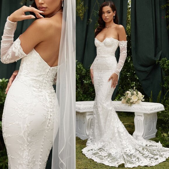 House of CB Isabelle White Lace Off Shoulder Long‎ Sleeve Wedding Dress Gown M - Picture 3 of 15